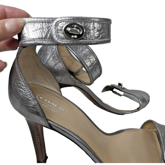 Coach Harleigh Cuba Ankle Strap Sandals Heels Court Leather Metallic Silver 10 - Picture 2 of 10